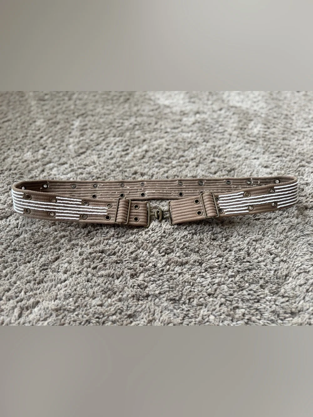 Artisan Handmade Brown Beaded Canvas Belt White Accent Beading Like New US M